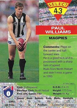1994 Select AFL #43 Paul Williams Back